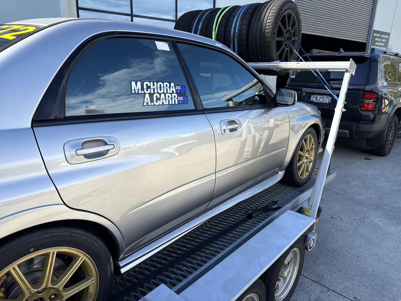 Shakewell Racing Subaru rally car with M. Chora / A. Carr livery loaded for an event, 2026