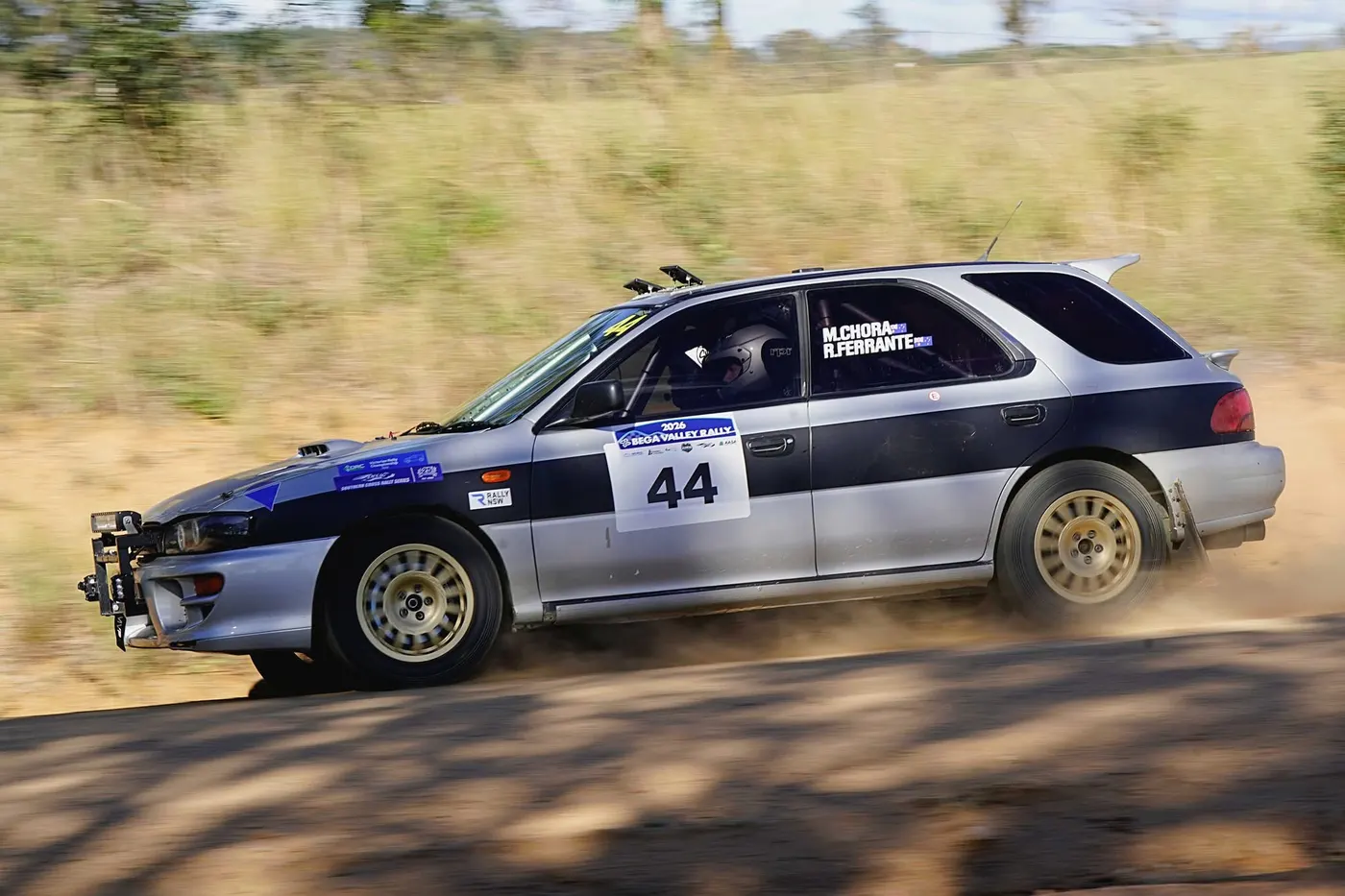 Subaru Impreza at speed on a forest gravel rally stage, Shakewell Racing 2026