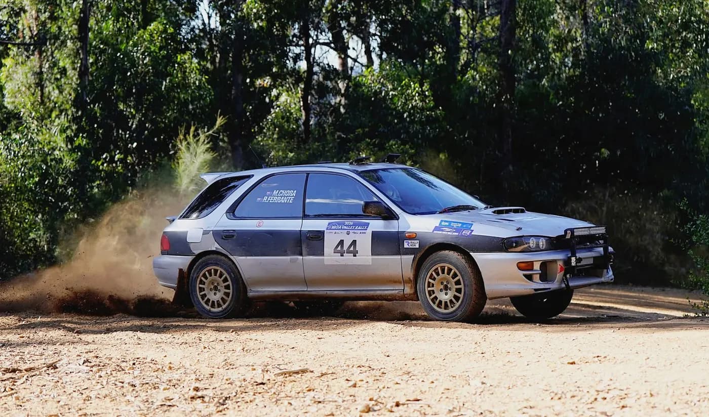 The #44 Shakewell Racing Subaru Impreza attacking a gravel corner, 2026 season