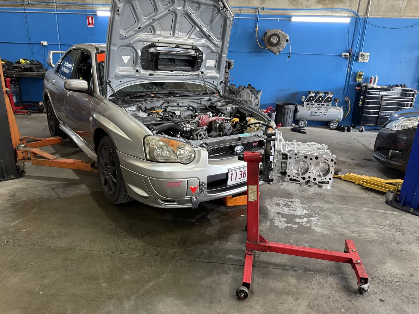 Subaru WRX STI engine rebuild in the Shakewell Racing workshop, 2026