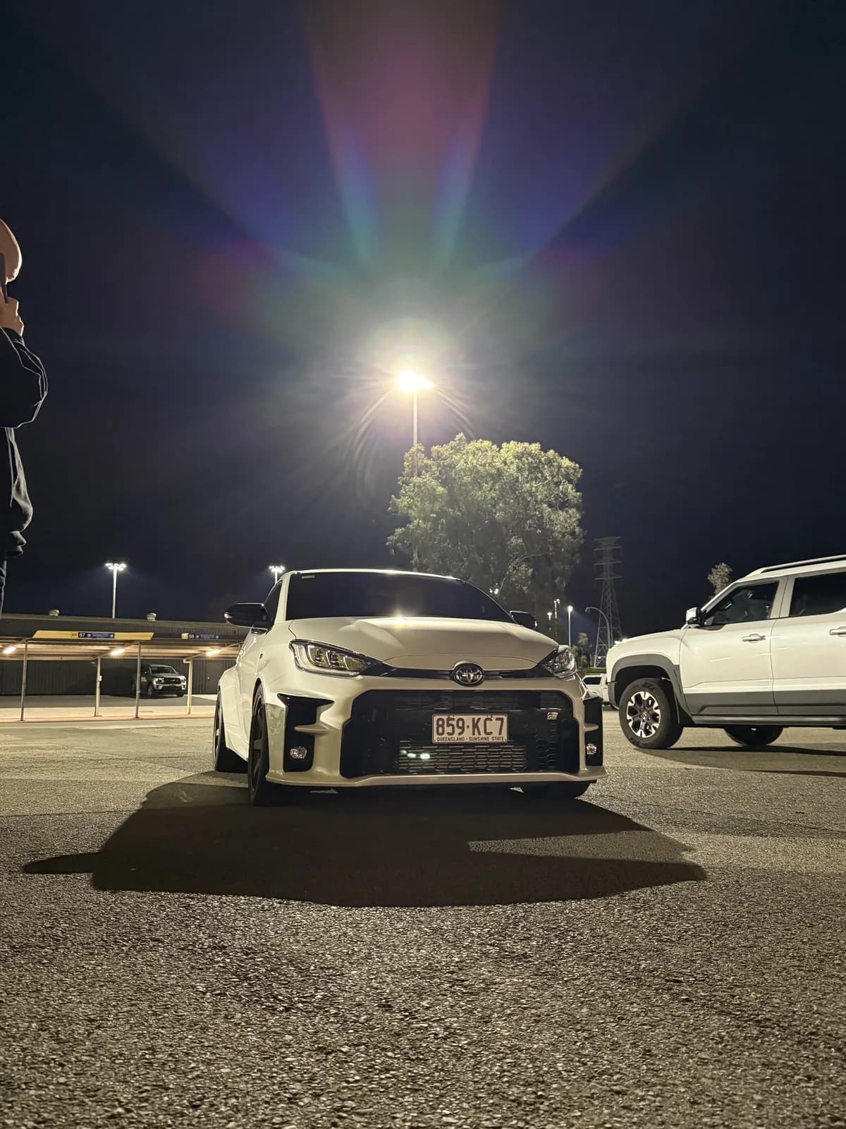 A Toyota GR Yaris at night during a Shakewell Racing shoot