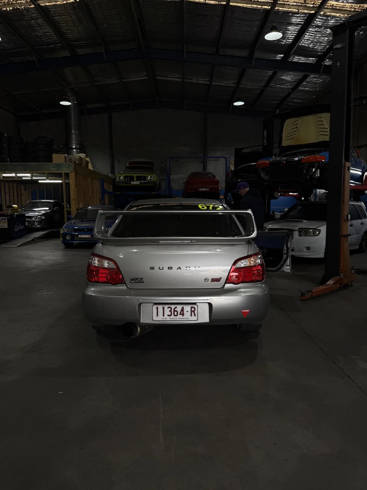 Rear view of Betsy, the Shakewell Racing Subaru WRX STI, in the workshop in September 2026