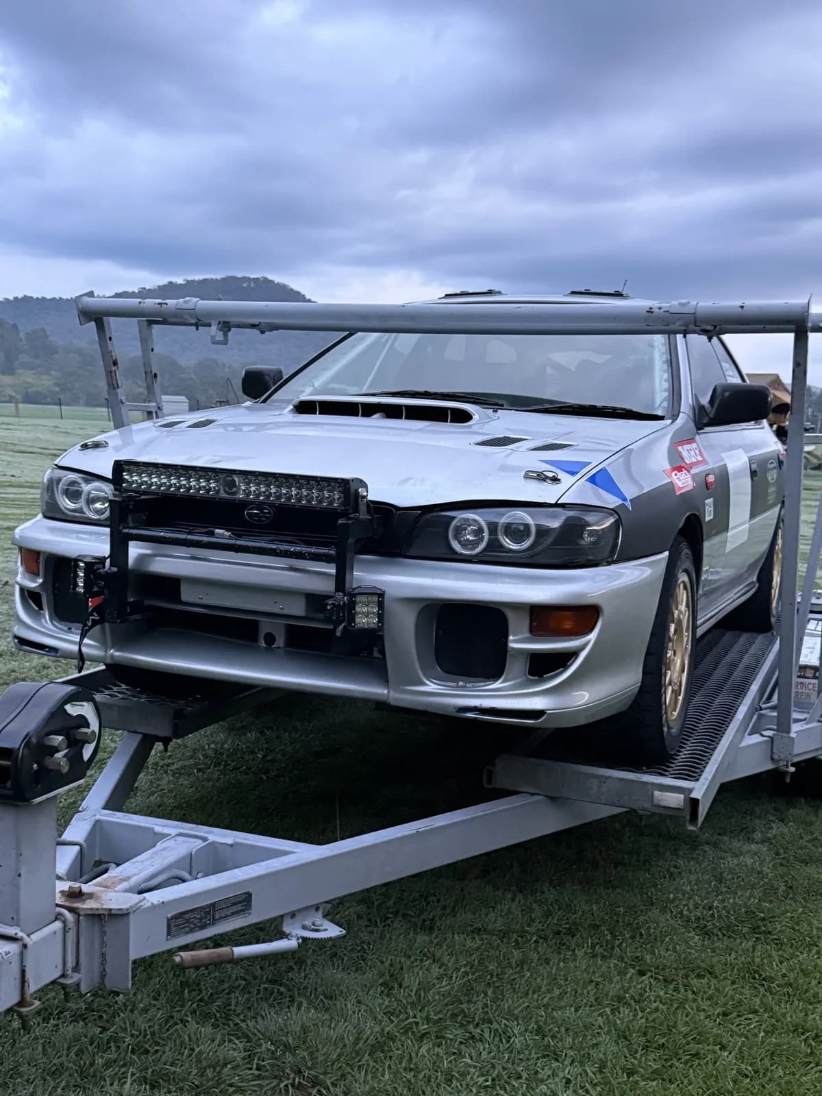 Shakewell Racing's Subaru Impreza with light bar before the 2026 Mitta Mountain Rally