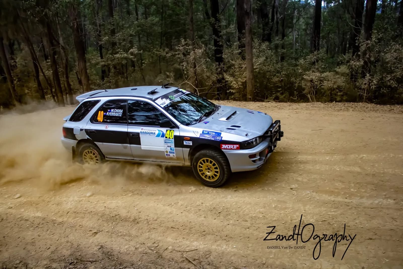 The Shakewell Racing GF8 Impreza wagon on forest gravel — next stop, the Gallangowan State Forest