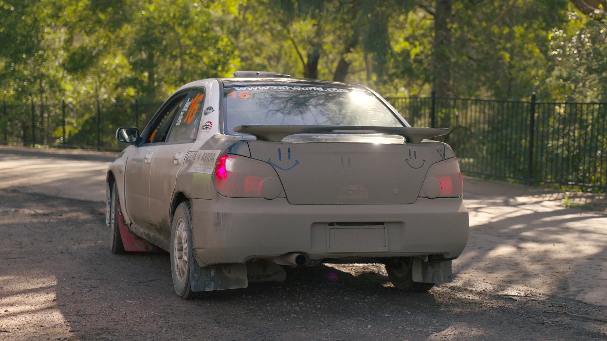 The mud-caked rear of the Impreza wagon after an Ada River Rally stage