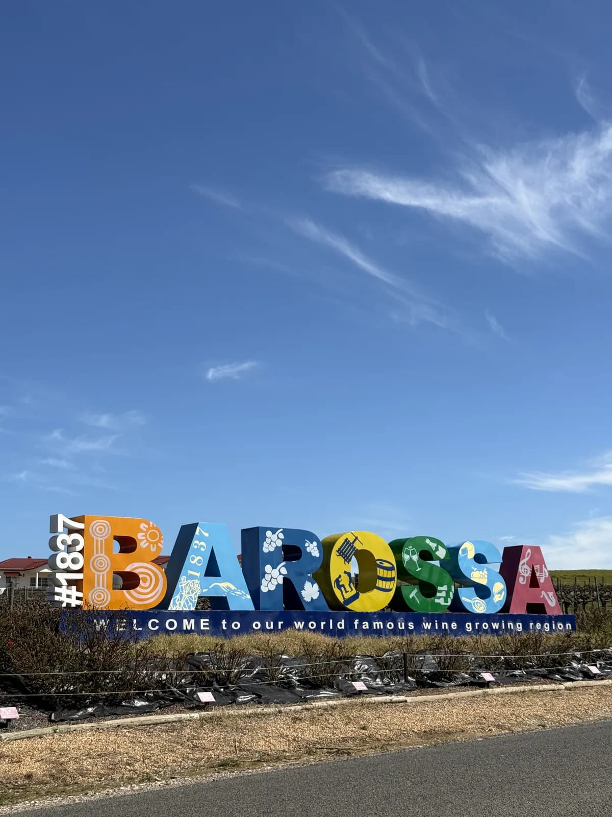 The colourful Barossa welcome sign under a clear sky on the drive into the valley for the MSS Safety Rally Barossa 2026