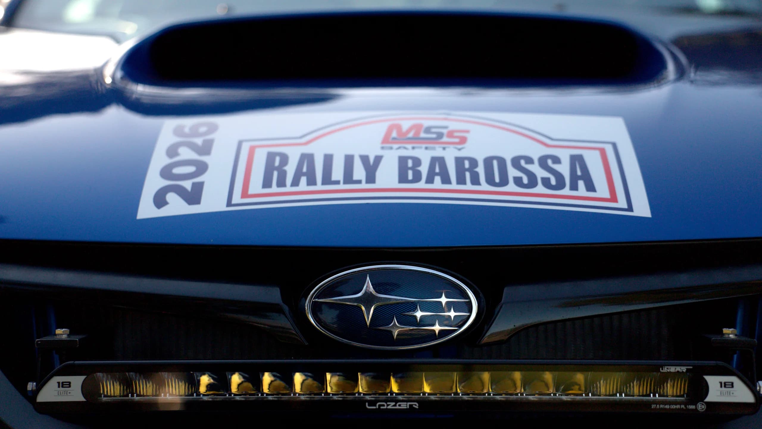 The Rally Barossa front plate on the Shakewell Racing Subaru