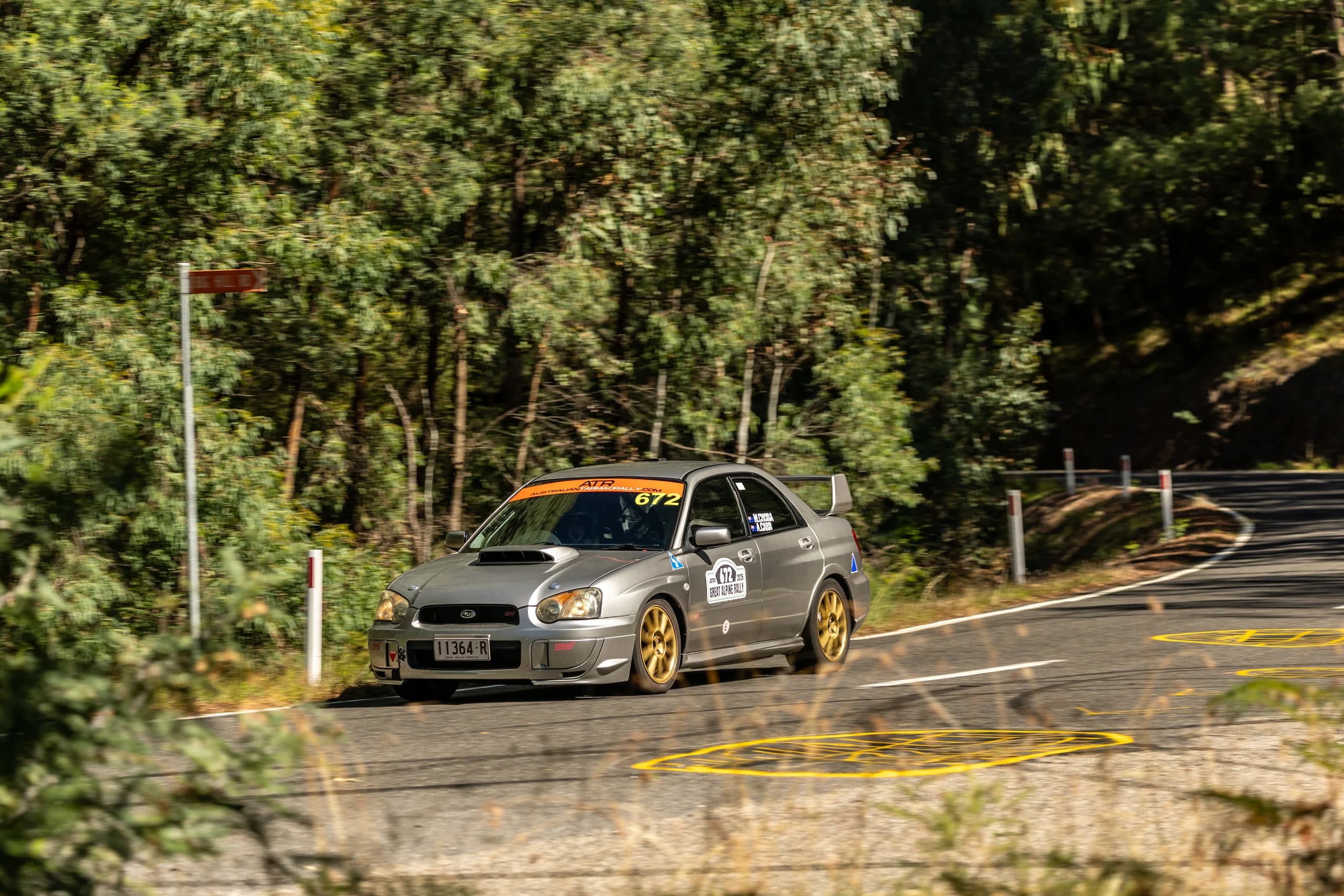 The WRX STI at a road control during the Great Alpine Rally