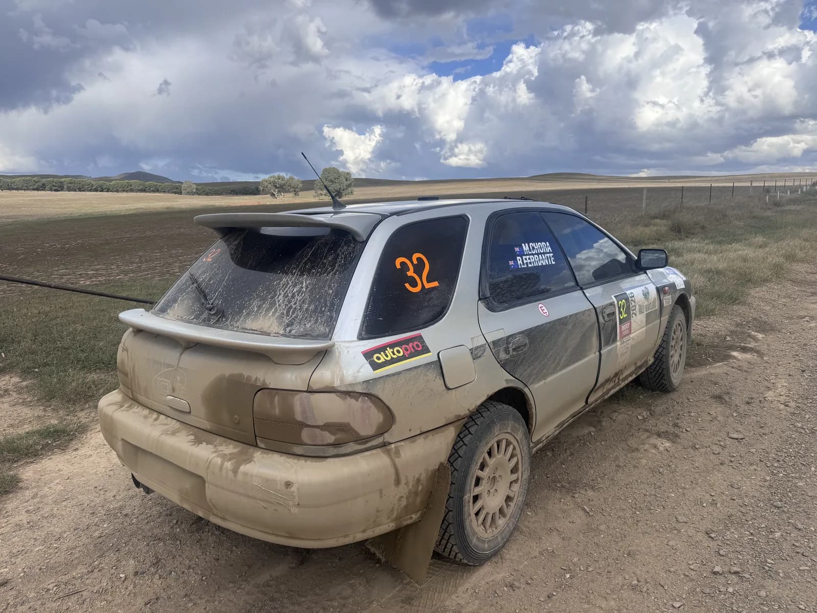 Mud-caked Subaru Impreza after a wet stage at the three-day Rally of the Heartland