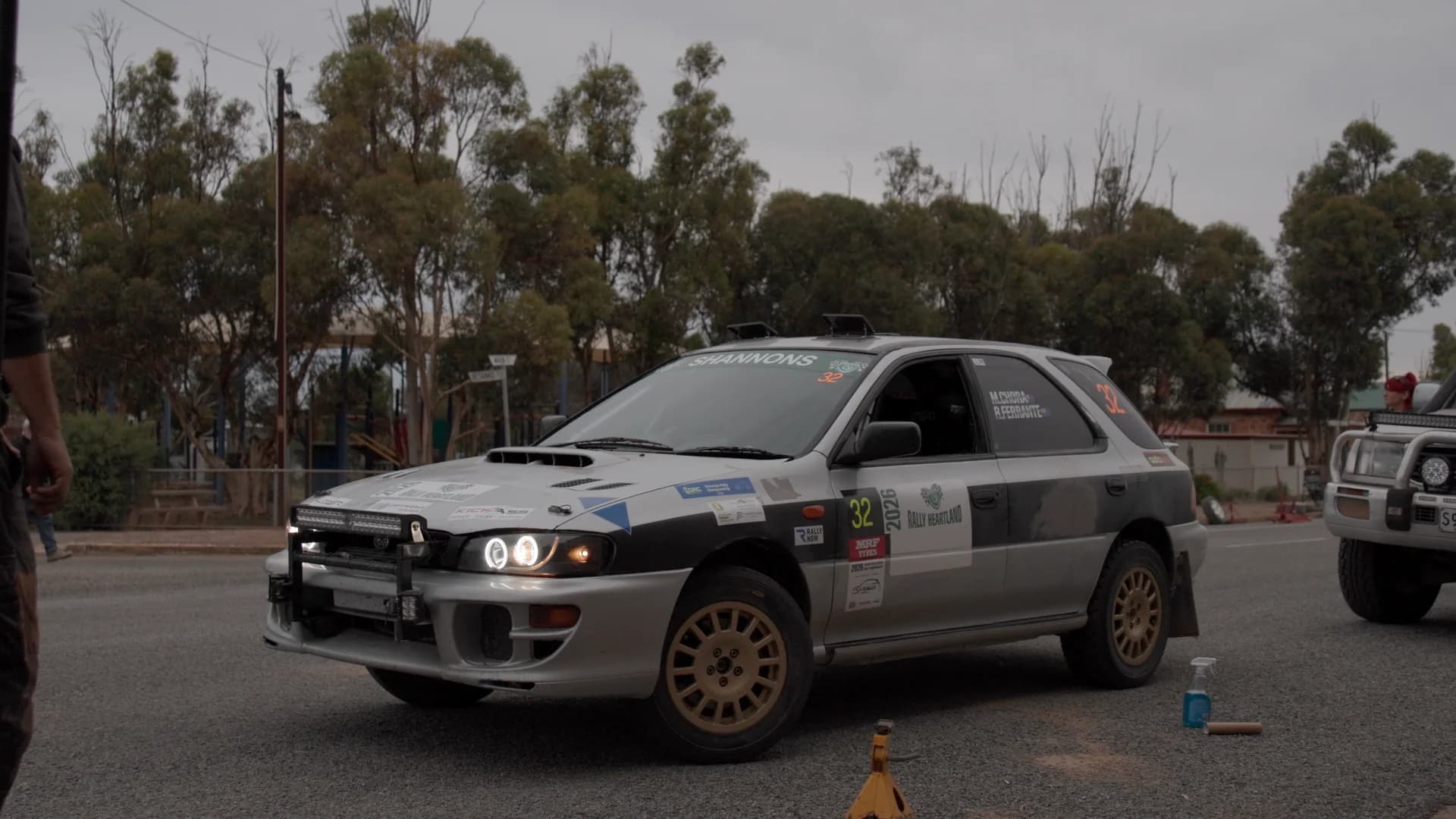 Car 32 on the street between stages at the Rally of the Heartland