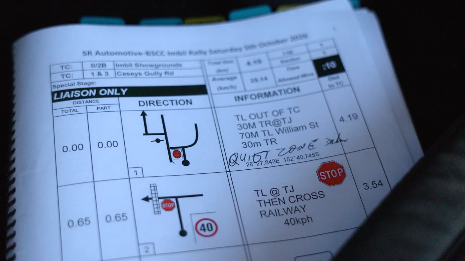 The road book for the Saturday rallysprint at the Imbil Rally