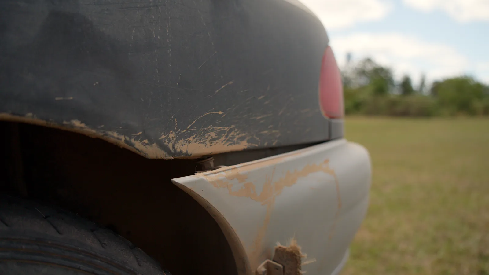 Dust and mud on the rear bumper of the Shakewell Racing Impreza at the Imbil Rally