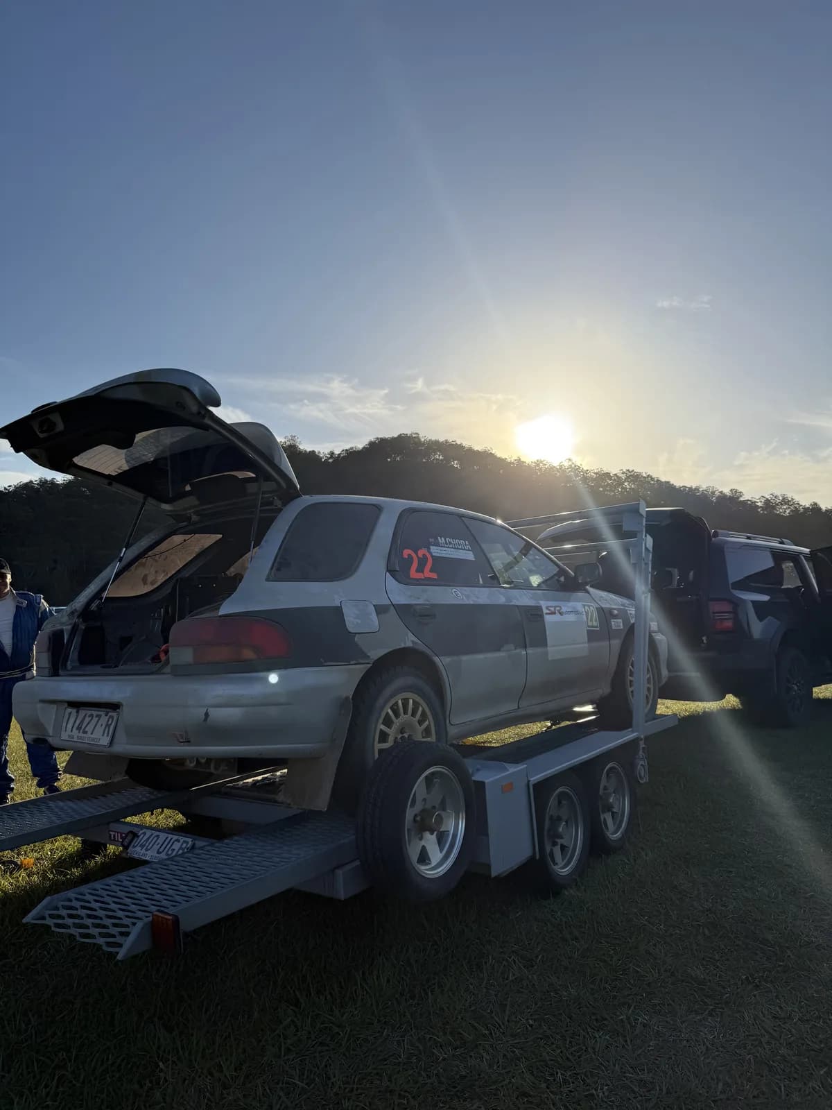 The Shakewell Racing Impreza back on its trailer at sunset after the Sunday rallysprint at Imbil