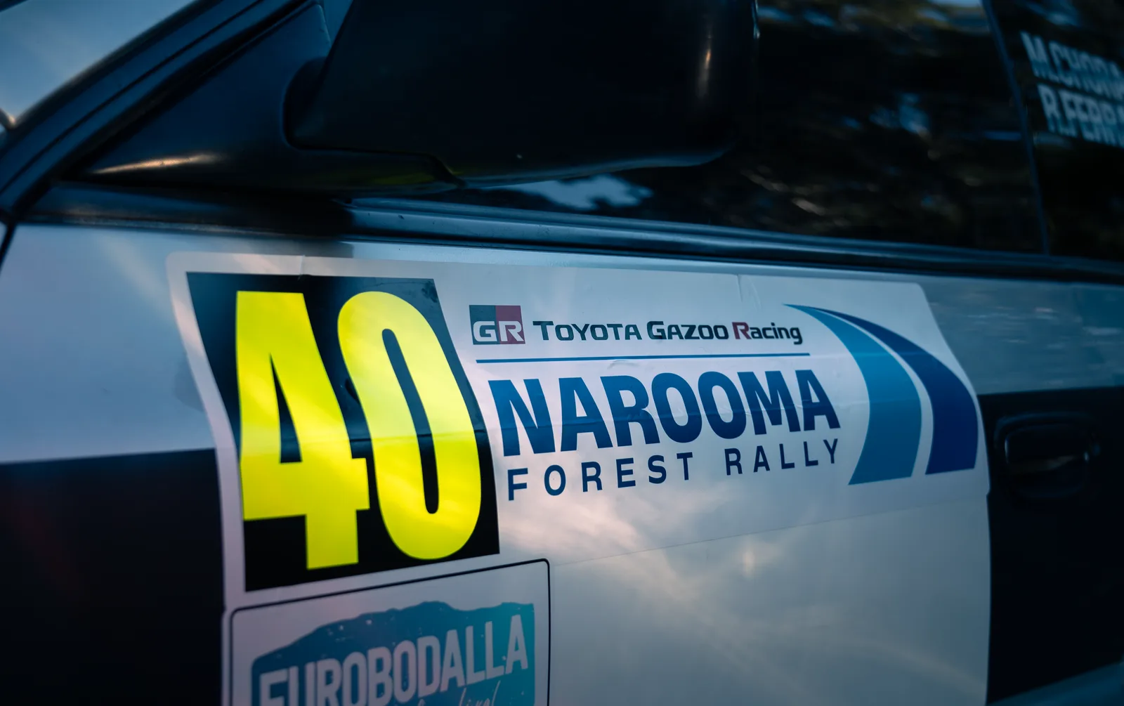 Number 40 Narooma Forest Rally door livery on the Shakewell Racing Subaru