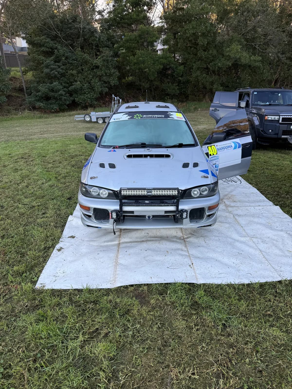 Shakewell Racing Subaru Impreza rally car at service before the Narooma Forest Rally