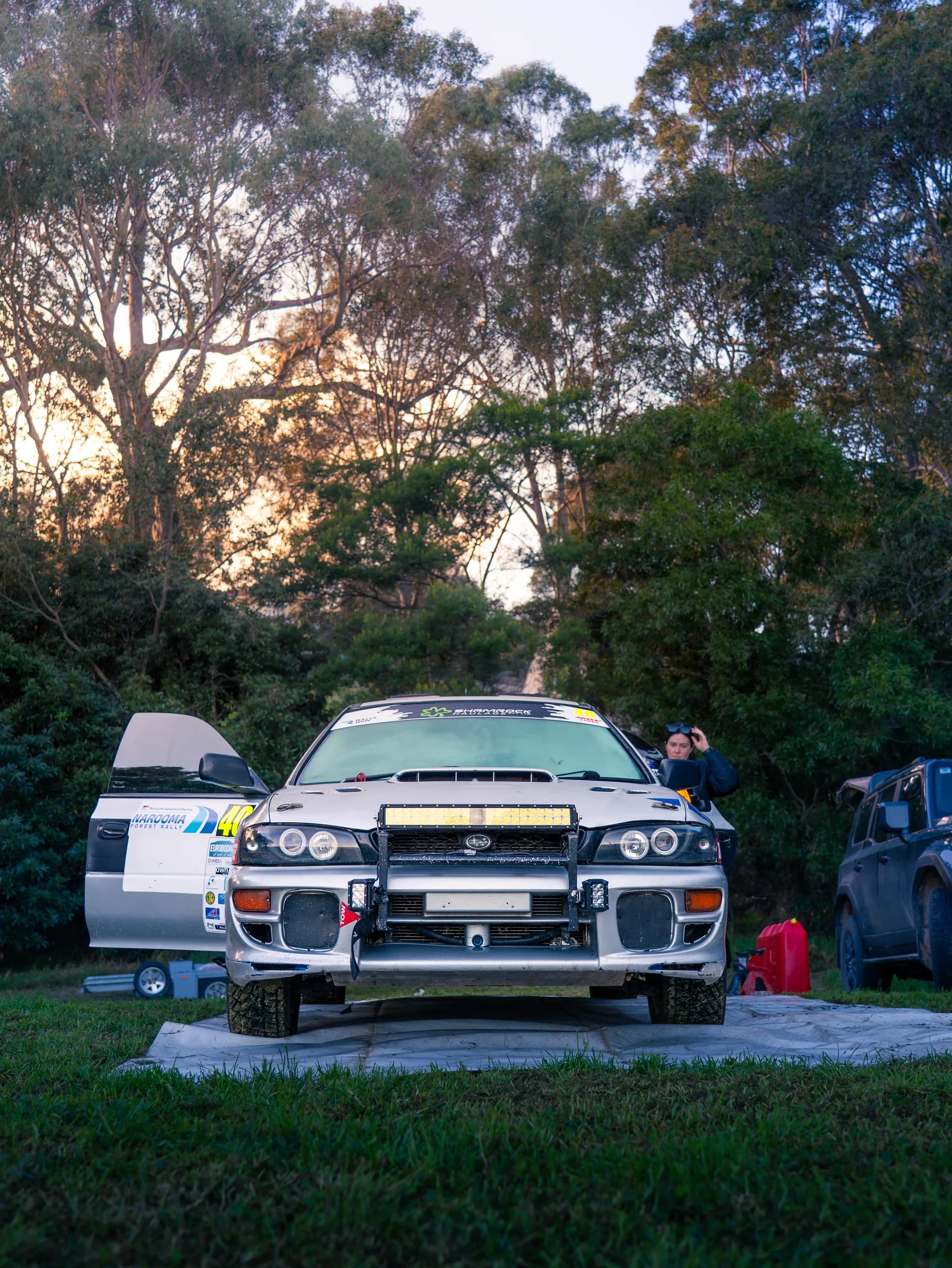The Shakewell Racing Impreza front-on in the Narooma service park