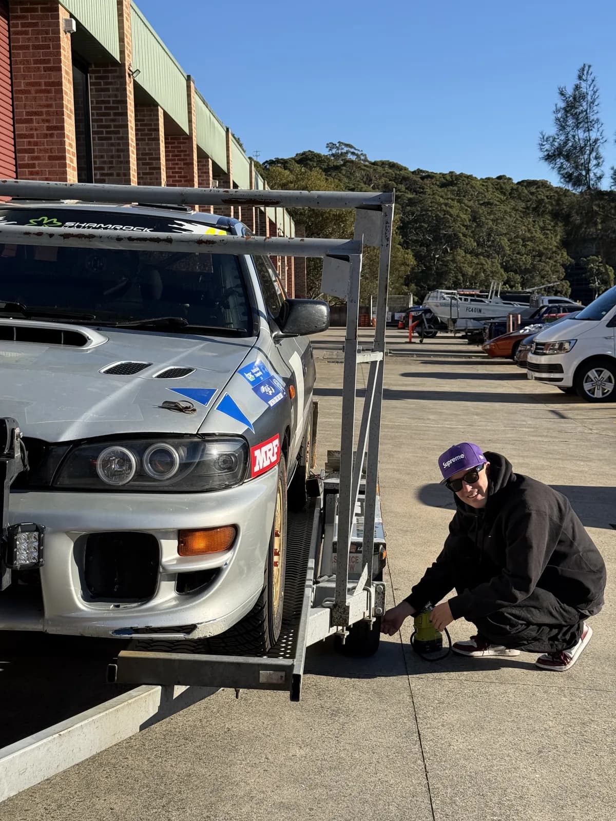 Subaru Impreza rally car ready on the trailer for the Rally of the Bay